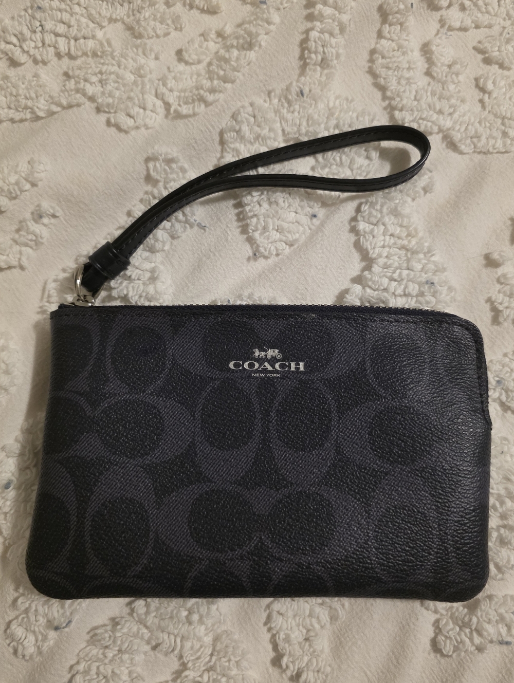 Coach Signature Corner Zip Wristlet Dark Blue Silver Tone
